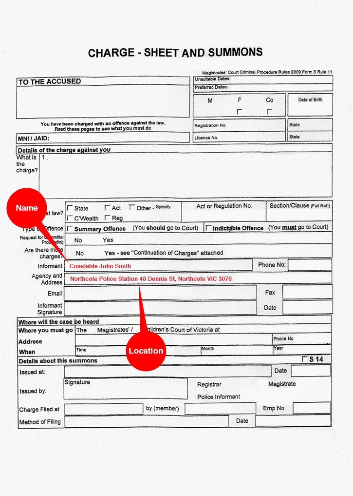 Victoria - Charge Sheet and Summons